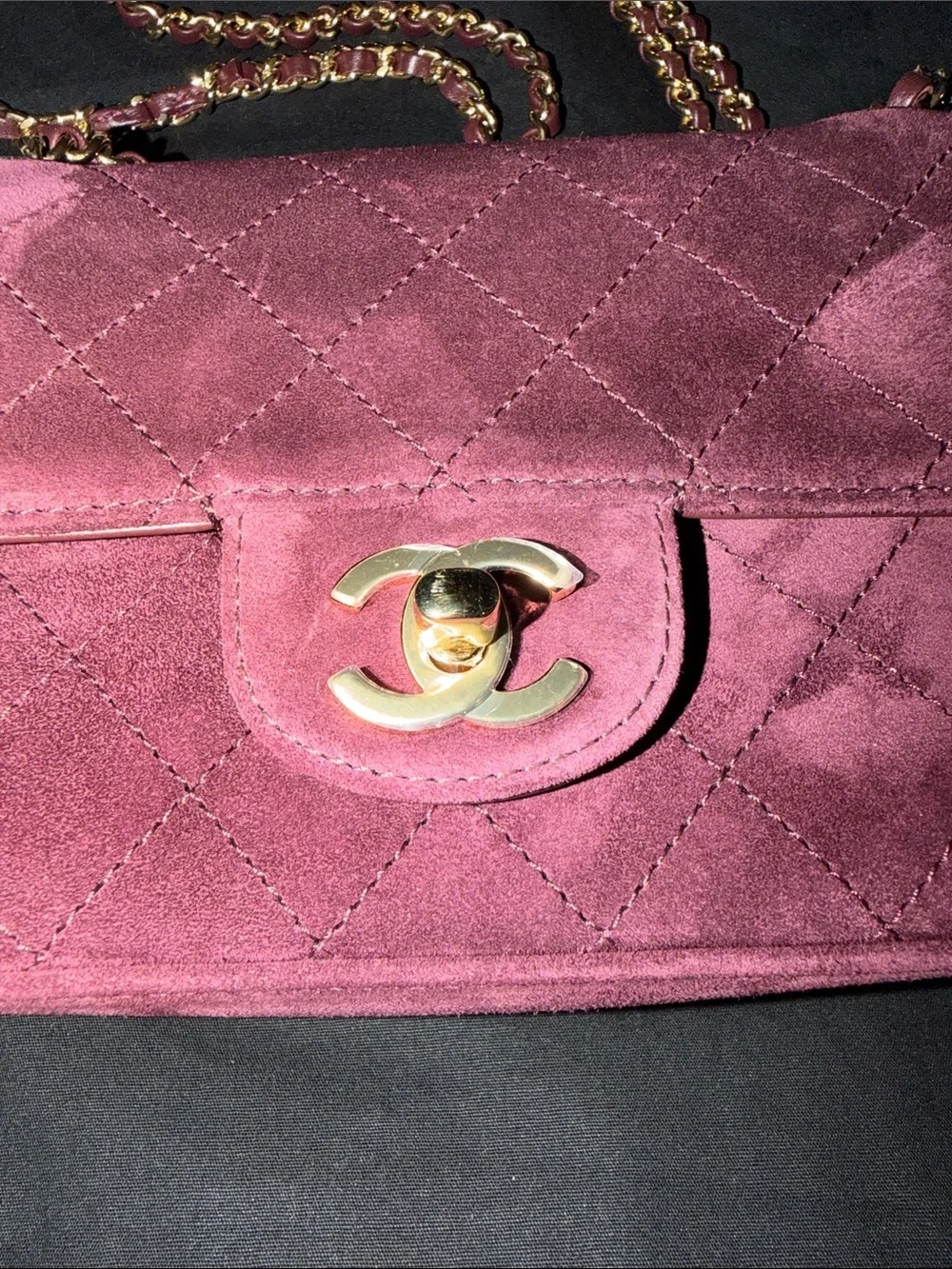 CHANEL Souplissimo mini Burgundy Quilted Suede Shoulder Bag with Gold Chain
